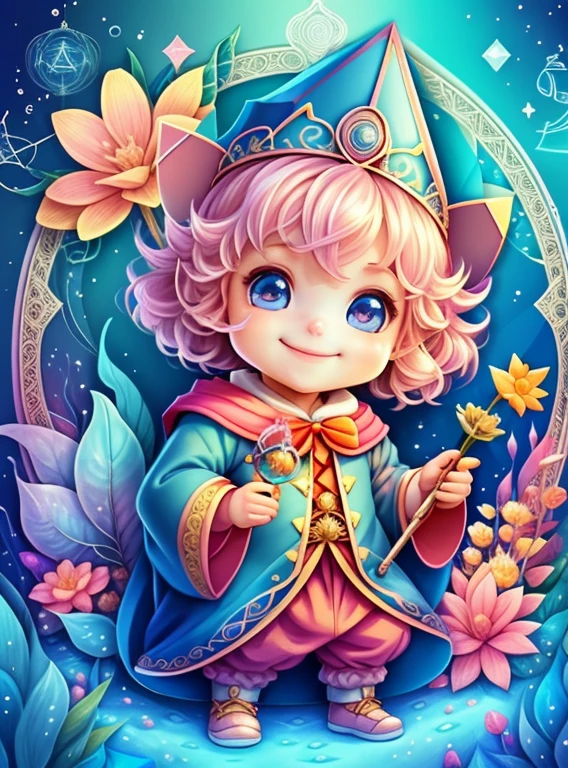 (cute baby wizard smiling with a flower magic wand in an enchanted florest) Munchkin,Geometric multidimensional wall portrait, livro de arte, Tchibi,
Yang08k, Beautiful, Colouring,
Obras, of the highest quality, best quality, Arte Oficial, Beautiful and Aesthetic,