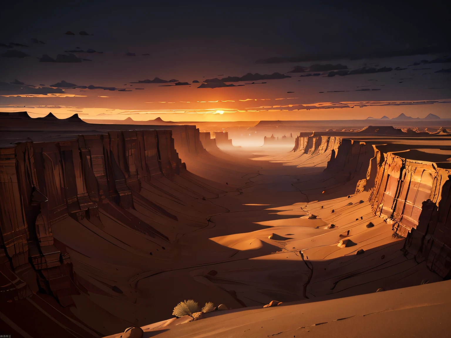 Masterpiece, Dark art, hopeless desert landscape, dull desert, deep canyons and falling sands, dull orange fog, hopeless sunset, dark red sunset