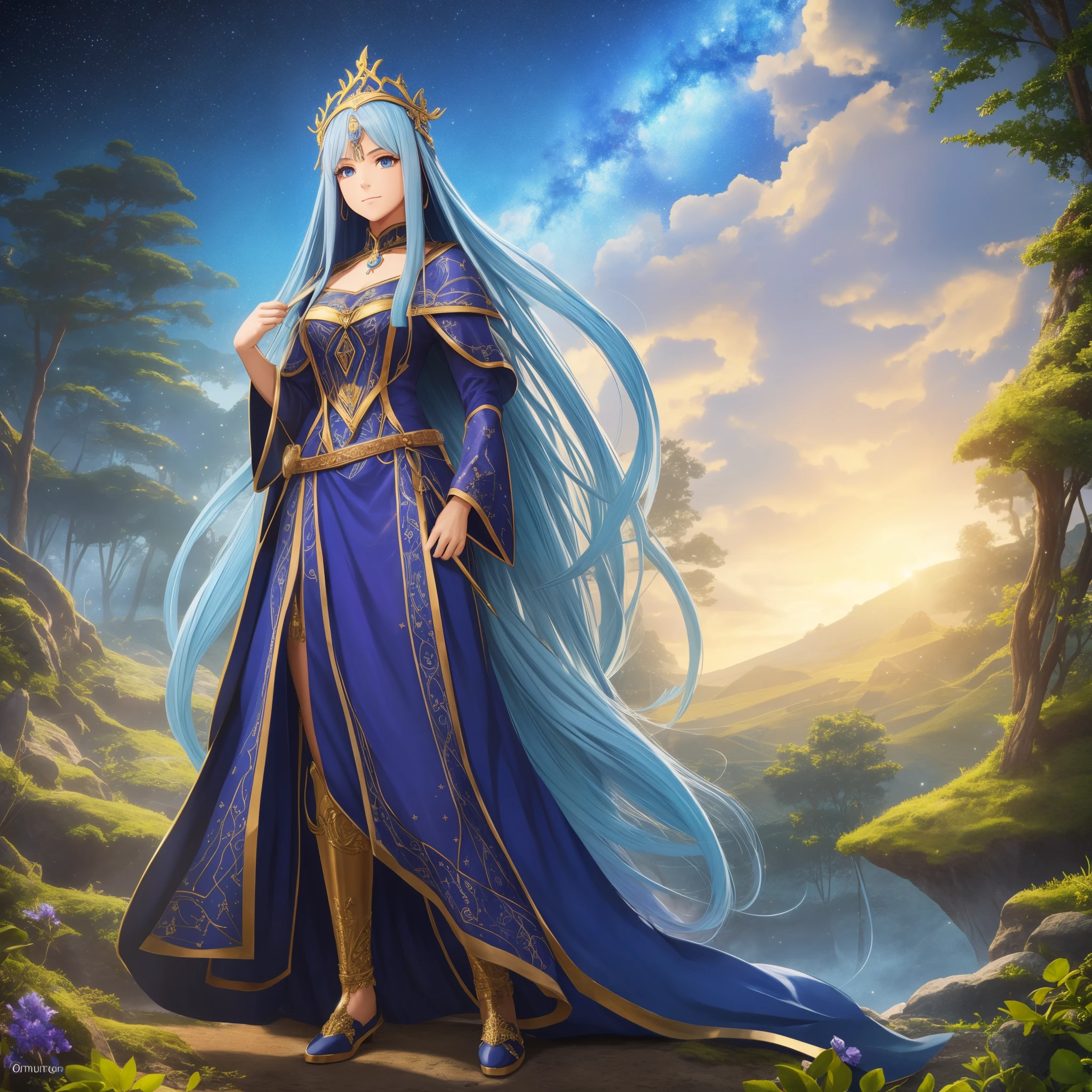 Make a detailed image of a mage (((mulher))), with a pointed hat and long blue hair, com um longo vestido roxo ((( estilo tomara que caia))), detailed with golden constellations, segurando um cajado de madeira com um cristal ((( pontudo))) na ponta, standing in the middle of a magical forest, vetorial, v-4, ultra hd