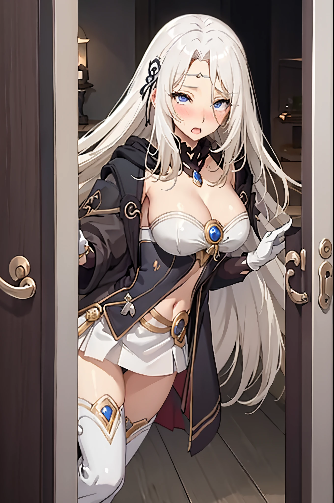 blue eyes,white hair,(blush,pleasure,delight,orgasm,cleanched teeth,,embarrased,rolling eyes)((open door doorway)),full body, 1girl, solo, blonde hair, armor, long hair, straight hair, thighhighs, boots, dress, yellow eyes, thigh boots, blue long boots, blue footwear, covered navel, breastplate, shoulder armor, gloves, white dress,ahg rolling eyes tongue