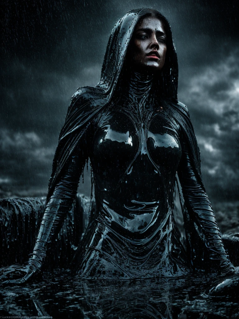 hnsrdlf style, gigerwall, (Portrait shot, ultra-detailed, best quality, photorealistic:1.8, 8k, realistic, photography, melted bodies and skeletons, exomorph, black marble skin, dark mood, dark background, petrol colours, vibrant colours, 35mm, symmetric composition, emerging from black smoke, high contrast, rain, liquid reflections, in the style of HR Giger