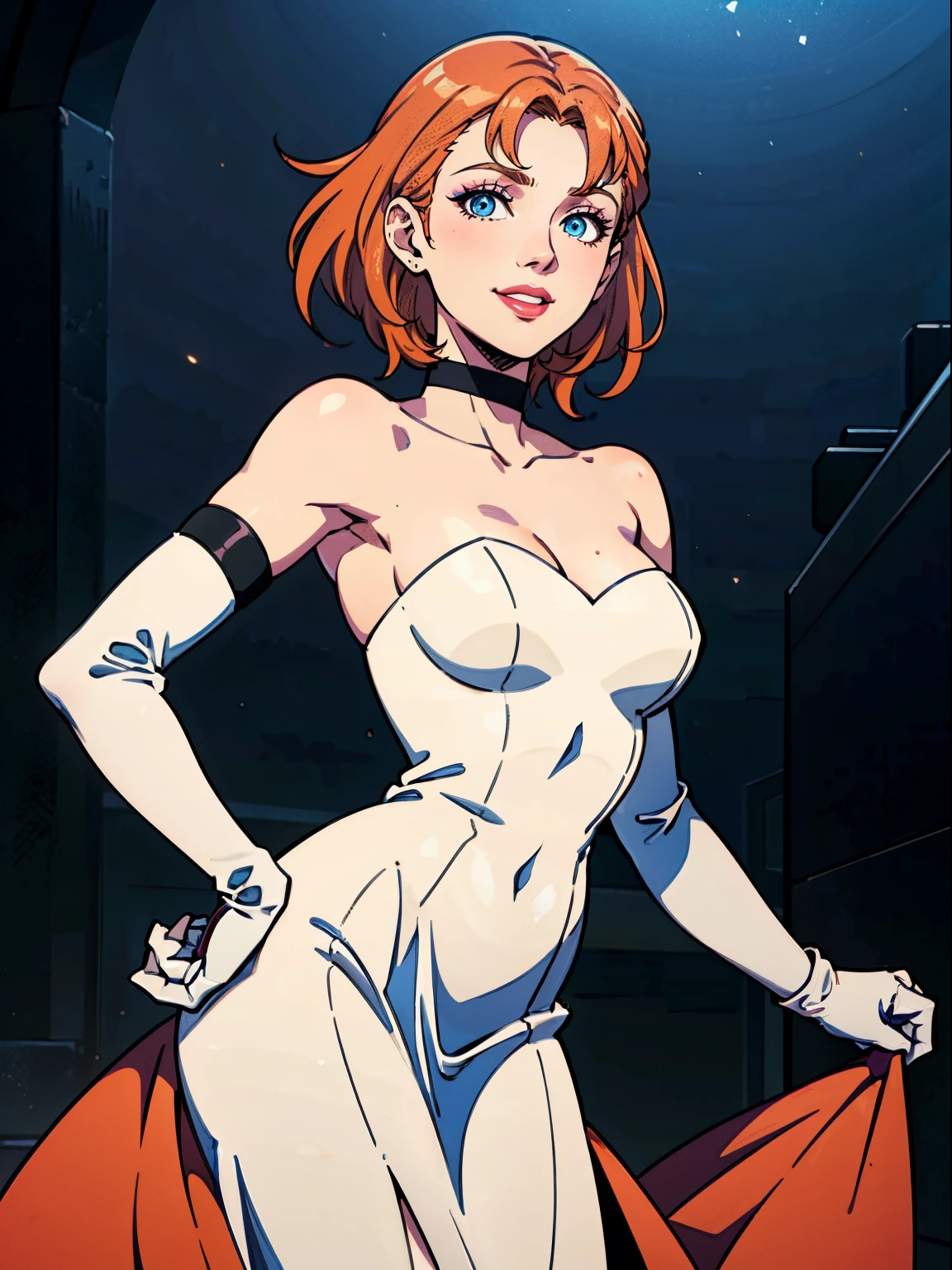 annette_war, blue eyes, orange hair, red dress, long dress, strapless dress, long white elbow gloves, white gloves, smile, light pink lipstick, dark purple eye shadow, makeup, black choker, cowboy shot