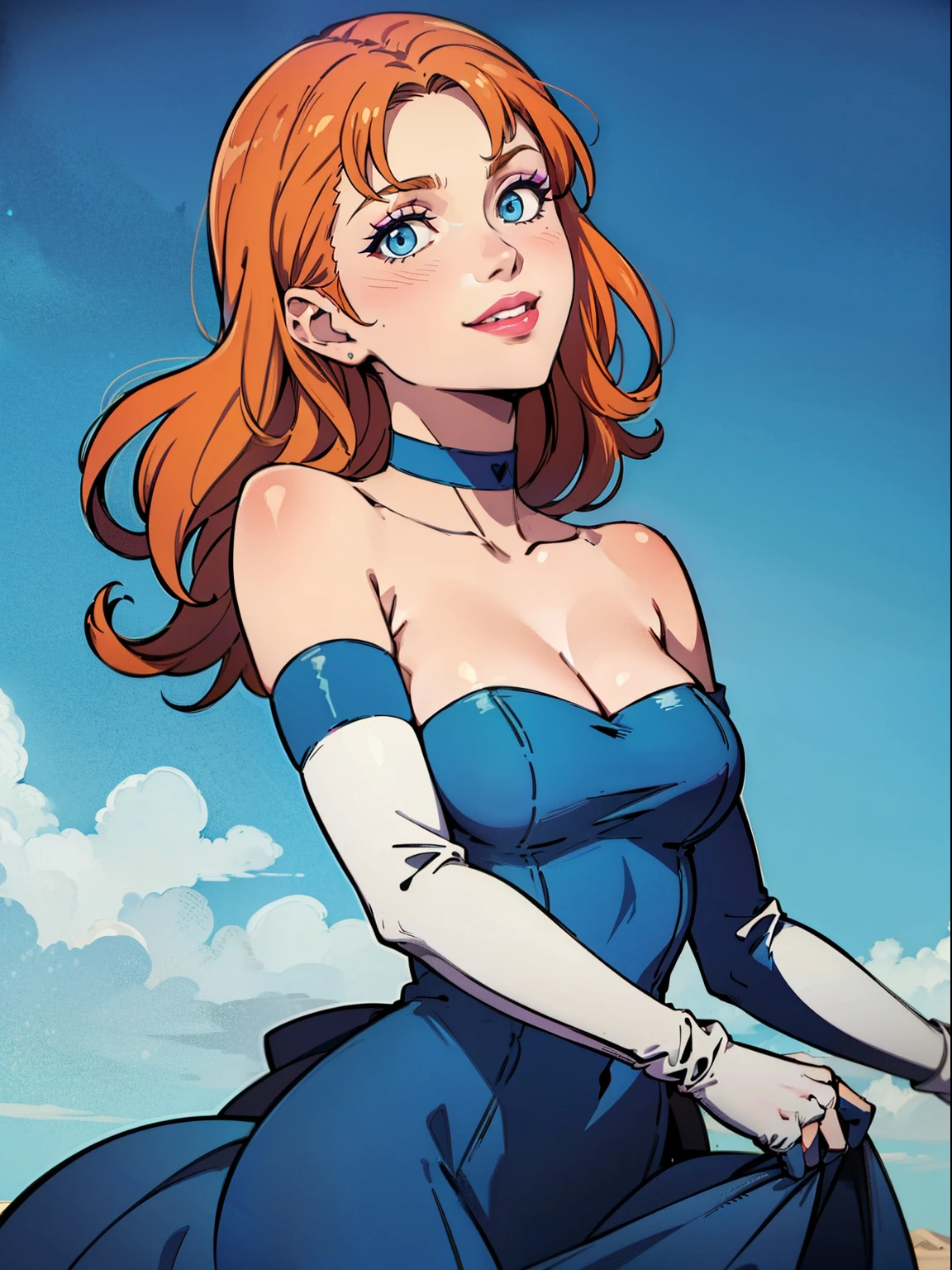 annette_war, blue eyes, orange hair, blue dress, long blue dress, blue strapless dress, long white elbow gloves, smile, light pink lipstick, purple eye shadow, makeup, black choker, cowboy shot