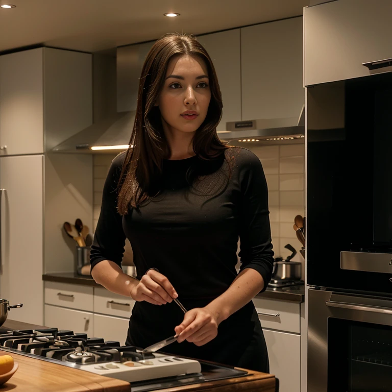 monica bellucci's face. 50 year old woman. (RAW photo, 4k, masterpiece, high resolution, highly complex) (photorealistic:1.4), dark cinematic dark lighting, sexy pose, sexy casual outfit. Low light. long hair. brown hair. small and firm breasts. 1girl, solo focus, summer afternoon, hot, 1990s \(style\),cowboy shot, in the kitchen. luxury kitchen set. expensive cooking equipment. cooking. microwave. glass. freezer. dishwasher. number plate. Wok. stove, 4k, ultra detailed.