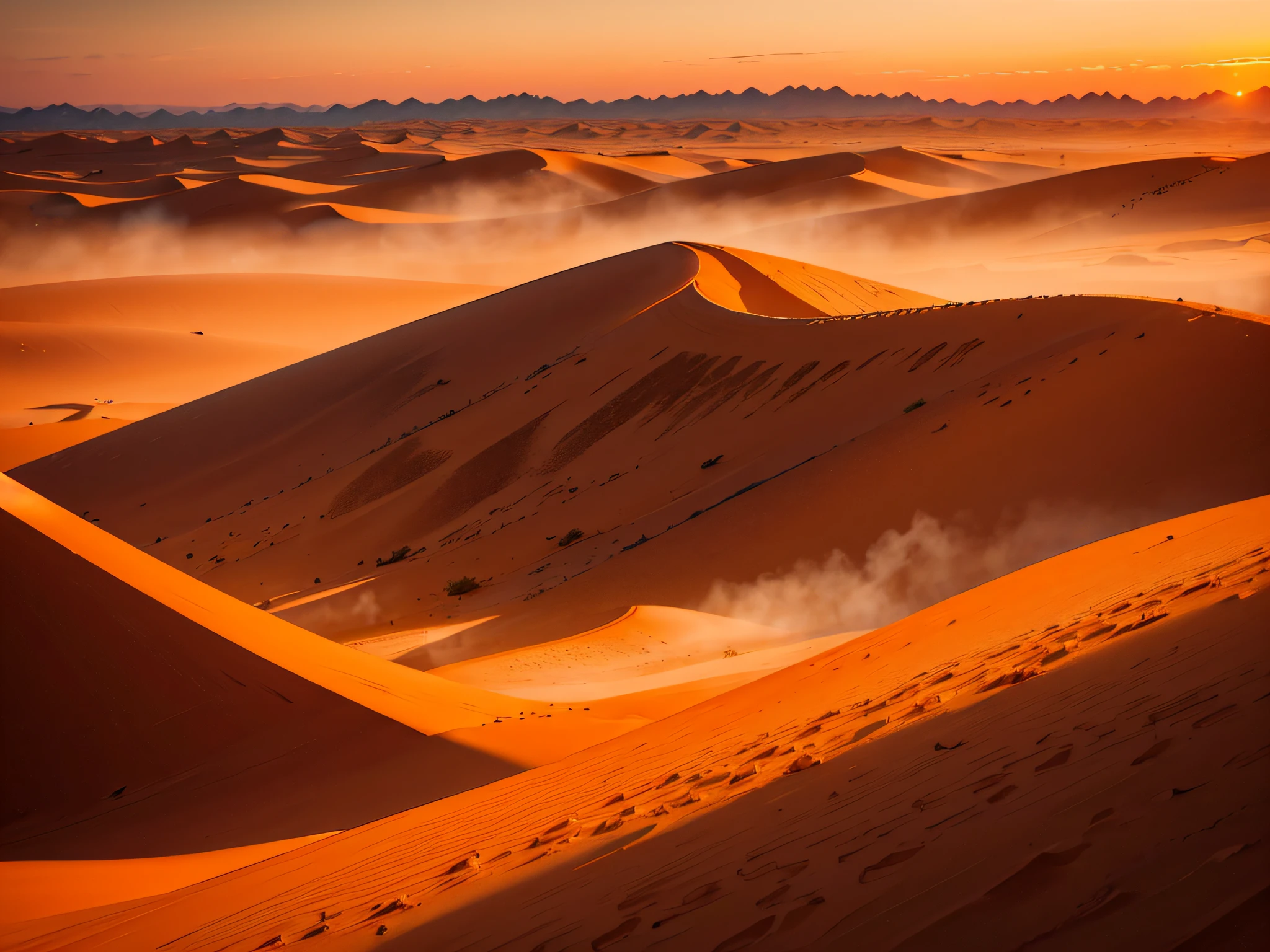 Masterpiece, hopeless desert landscape, dull desert, dunes and sands, orange mist, Sunset, Red sunset