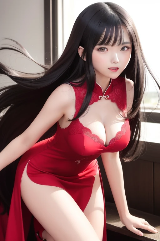 Side camera from 45 degree angle, ultra detailed, solo, young Korean woman, beautiful face, dressed in a long red sleeveless ((cheongsam dress)) with black trimming , long dress with a back window, ((leaning forward)) , medium length hair, ((hair flowing beautifully in the wind)) , perfect smooth legs, smiling, (((soft rim lighting))), elegant bracelet jewellery, wide angle, glamorous and y, ((very short red finger nail polish)), (pair of red high heeled mary janes) , posing, perfect eyes, firm large sized breherry flower ornament in her hair, exposed thighs, subtle breast cle (handssts)