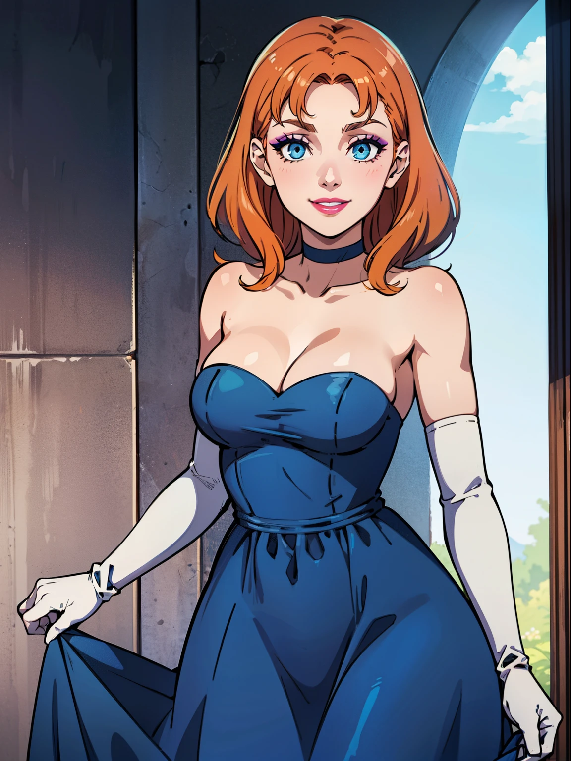 annette_war, blue eyes, orange hair, blue dress, long blue dress, blue strapless dress, long white elbow gloves, smile, light pink lipstick, purple eye shadow, makeup, black choker, cowboy shot