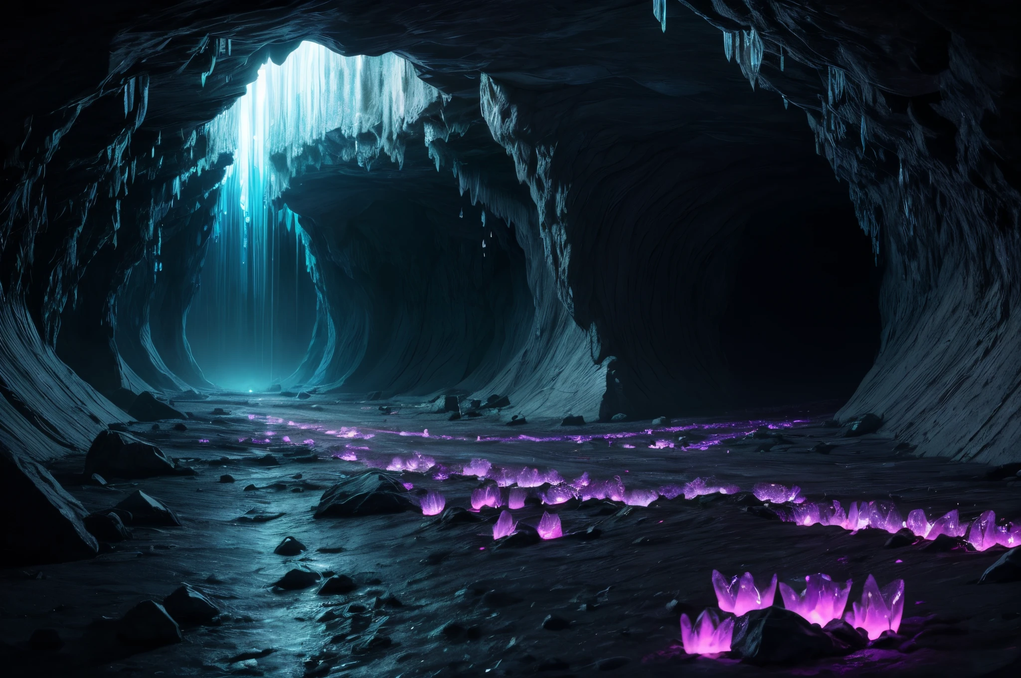 Alien Environment, a dark cavern made of crystals, bioluminescence, light glinting off crystals, water drops, river, misty, humidity