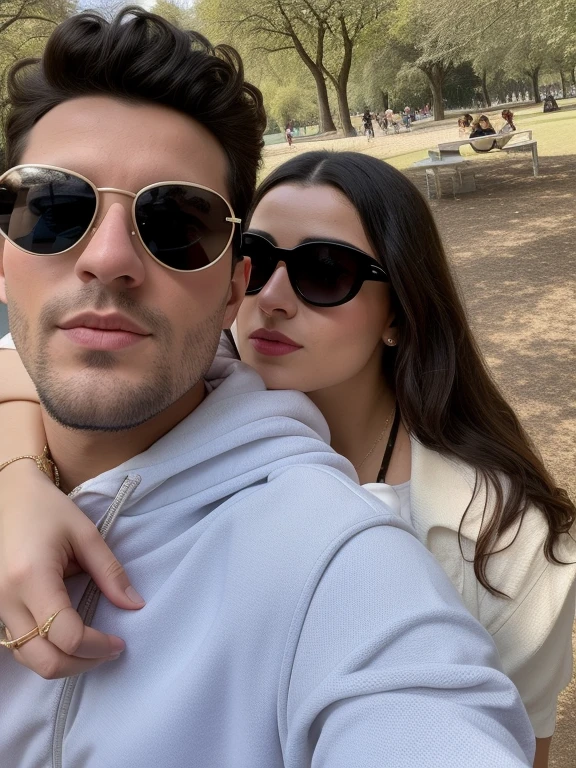they are taking a selfie together in the park with sunglasses on, charli bowater and artgeem, thomas danthony and malika favre, julia sarda, inspired by Ion Andreescu, wearing shades, sunglasses, 🤬 🤮 💕 🎀, 🚿🗝📝, with sunglass, in love selfie, profile image, shades, designer sunglasses