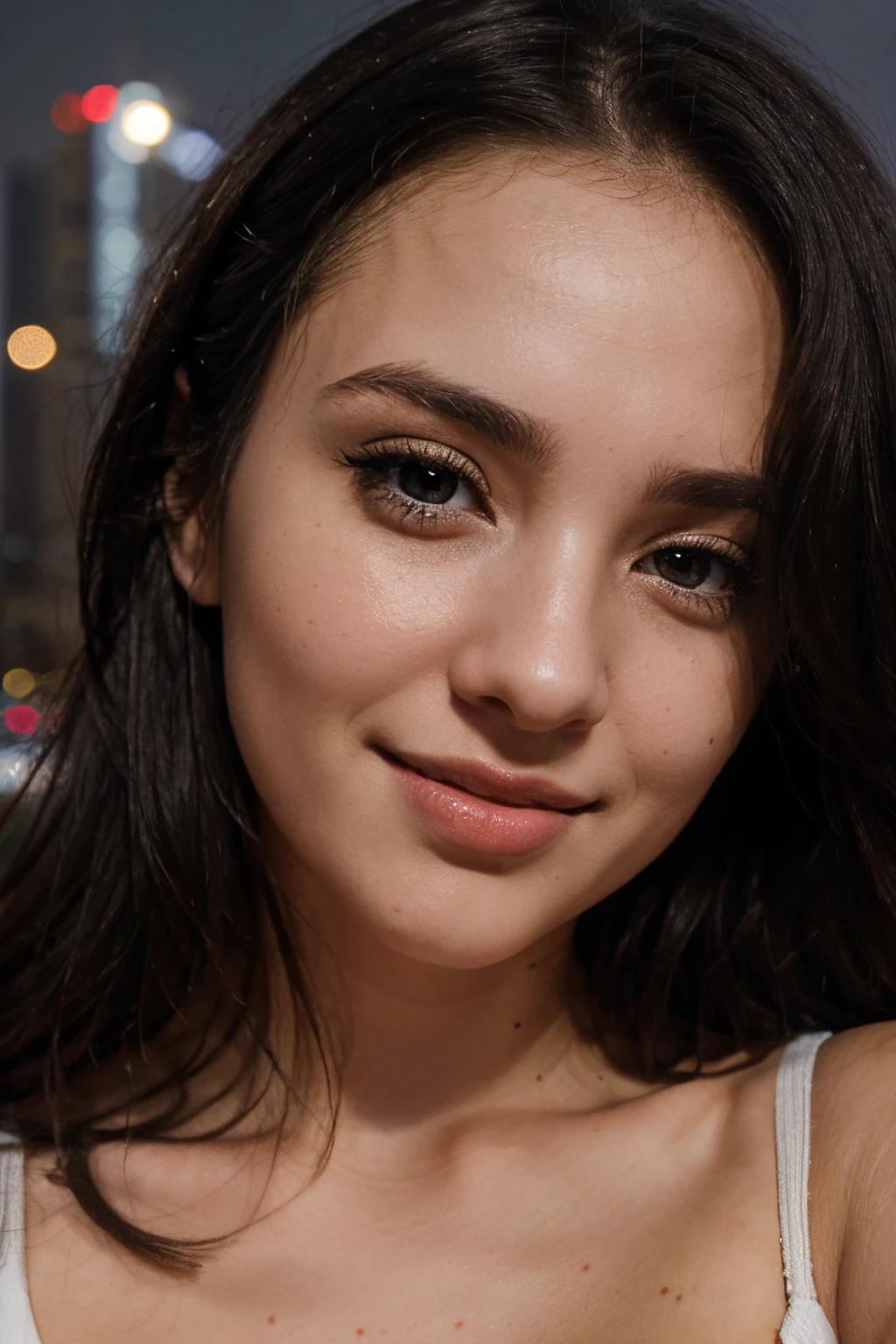 european girl taking selfie, close-up shoot, full close-up portrait, facial closeup, 1girl, black haired, grey eyes, seductive smile, night city background