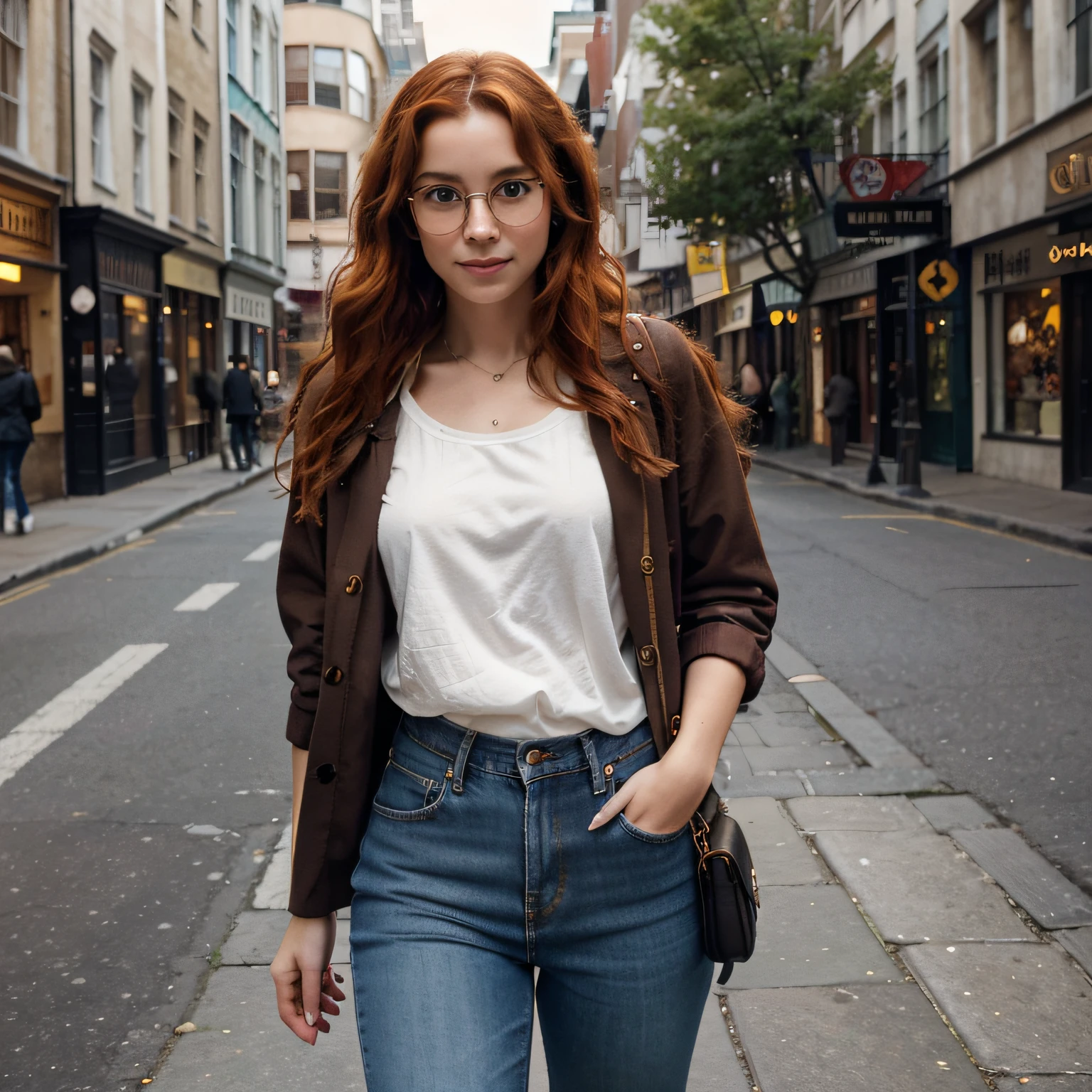 Realistic, imagem de corpo inteiro de uma ruiva de 18 anos, estilizado como uma Hermione Granger moderna de Harry Potter. TAGS: &#39;andando&#39;, &#39;smile shy&#39;, &#39;wearing goggles&#39;, &#39;cabelo ruivo vibrante&#39;, &#39;Cosplay de Hermione Granger&#39;, &#39;urban witchcraft&#39;. She is pictured walking down a busy city street, your shy and warm smile, adicionando uma camada de charme sutil. She wears a pair of stylish glasses that highlight her intelligence, Comportamento semelhante ao de Hermione. Her hair is a cascade of vibrant red curls, reminiscent of Hermione&#39;s signature look, but with a contemporary twist. Her outfit combines the iconic Gryffindor colors with modern fashion: Um chique, fitted jacket with the Gryffindor crest, um top da moda, e jeans que ressoam com sua juventude, entorno urbano. Practical boots complete the look, misturando magia e modernidade. The background suggests a city where the magical and the mundane coexist, with subtle magical elements woven into the everyday - perhaps a floating newspaper or a street sign that changes its message. The image captures her as a bridge between the magical world of Hogwarts and the contemporary urban landscape, radiating intelligence, confidence, e um toque de magia.