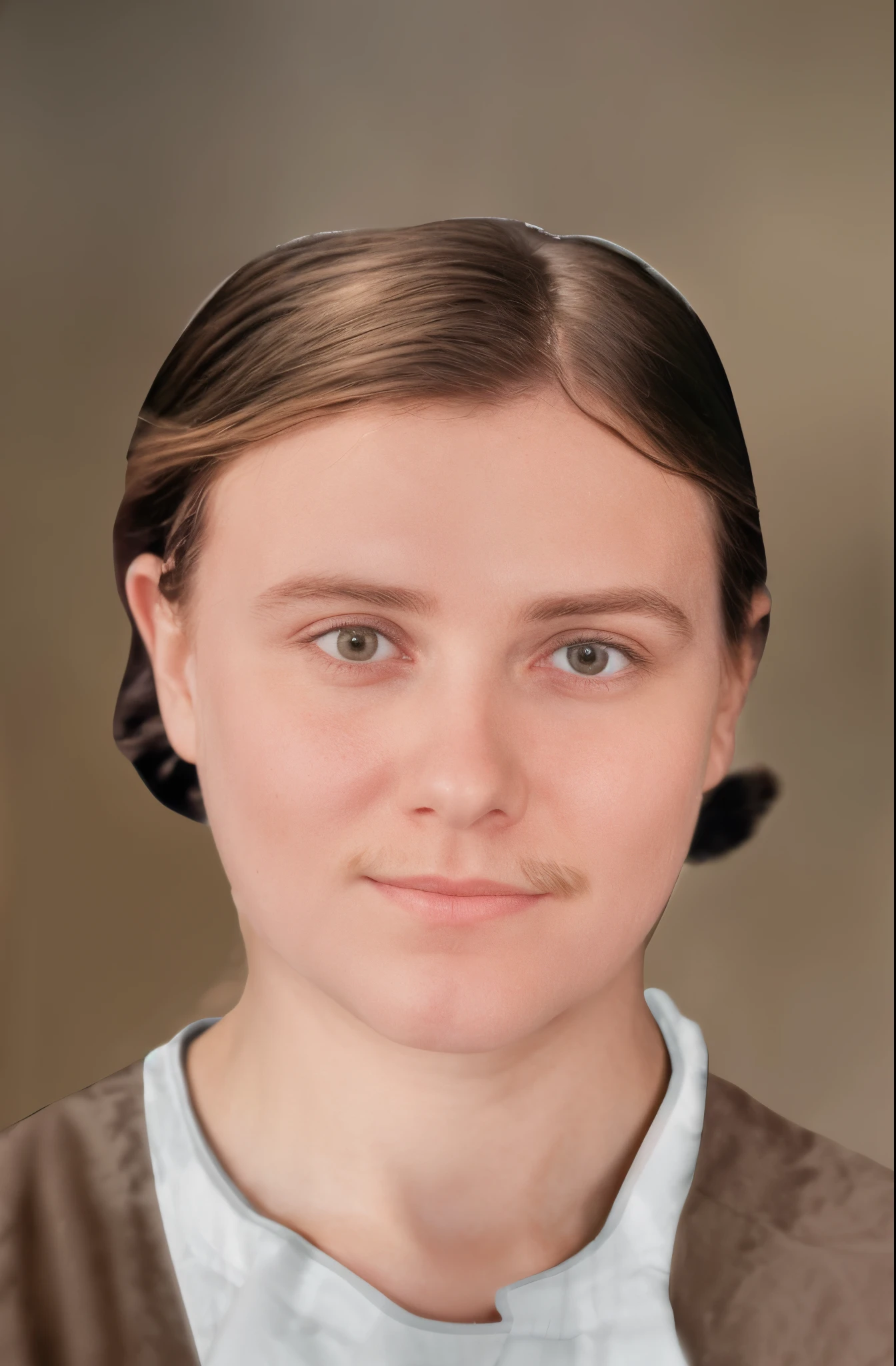 there  a woman with a mustache on her head, rosto restaurado realista, rosto realisticamente renderizado, Retrato do humanoide feminino, Vale estranho assustador, retrato vfx altamente detalhado de, Onze/Millie Bobbie Castanho, retrato humanoide, rosto humano real, rosto humano realista, Retrato VFX altamente detalhado, full - rosto close - retrato para cima, rosto feminino jovem, retrato de rosto completo