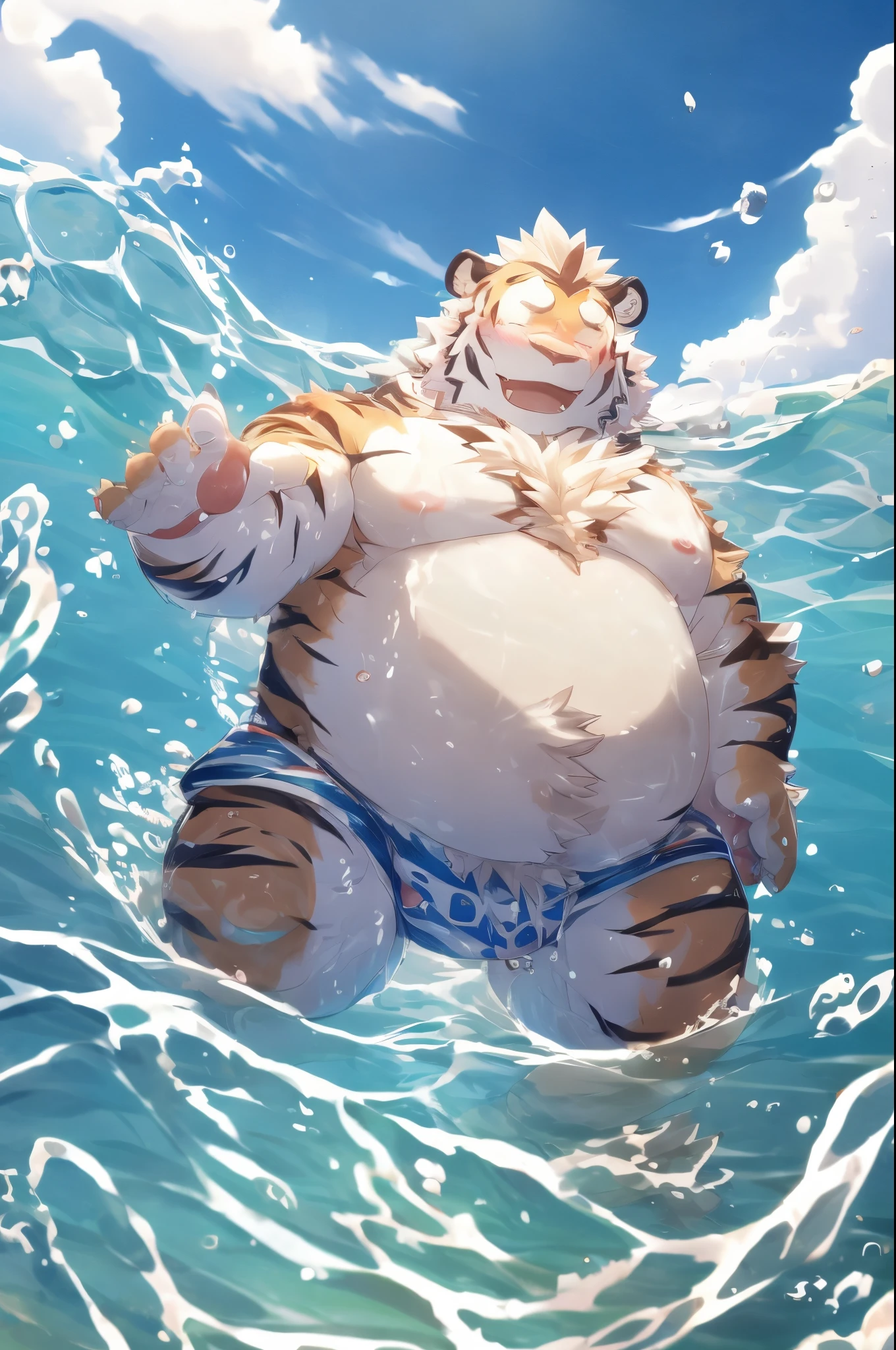 Tiger Orcs, ,playing water, swimming trunks, naked upper body,blush, 夏天, ocean water,chubby,smile,((Best quality at best)), ((tmasterpiece)), (Detailed pubic hair),