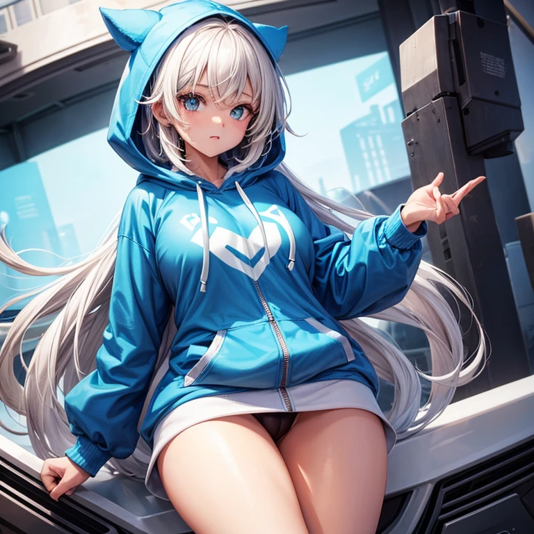 Gawr Gura, blushing cutely in a rainy tokyo, blush hoodie, thick thighs, shark mouth on hood, white hair, blue ends, glassy blue ocean eyes, blush across nose, full body, sitting with legs crossed, barefoot, looking down at viewer, shark tail connected to butt, thighs, blue tips on white hair