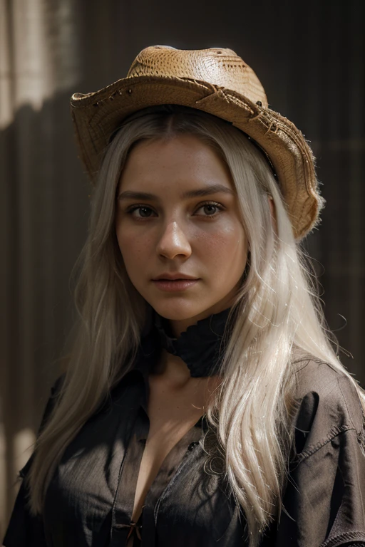 Hyperrealist portrait of female by david hockney and alphonse mucha,fantasy art, photo realistic, artstation, poster, volumetric lighting, very detailed faces, 4 k, award winning,, 1girl, in the dark, deep shadow, low key,cowboy shot,(official clothing:1.4) ,long hair,white hair, cowboy style