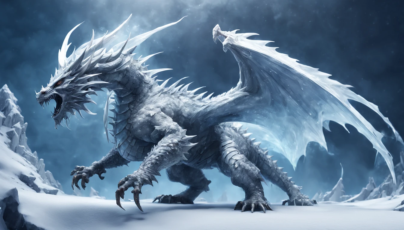 awesome quality, masterpiece, dynamic,frost wyrm, a massive spectral skelletal dragon made of ice and bones, flying with wings spread, breath of iceshards and the cold winds of the north, luminous, showy, light blue glacial glow, <lora:DonMM1xXL-v1.1:.6>