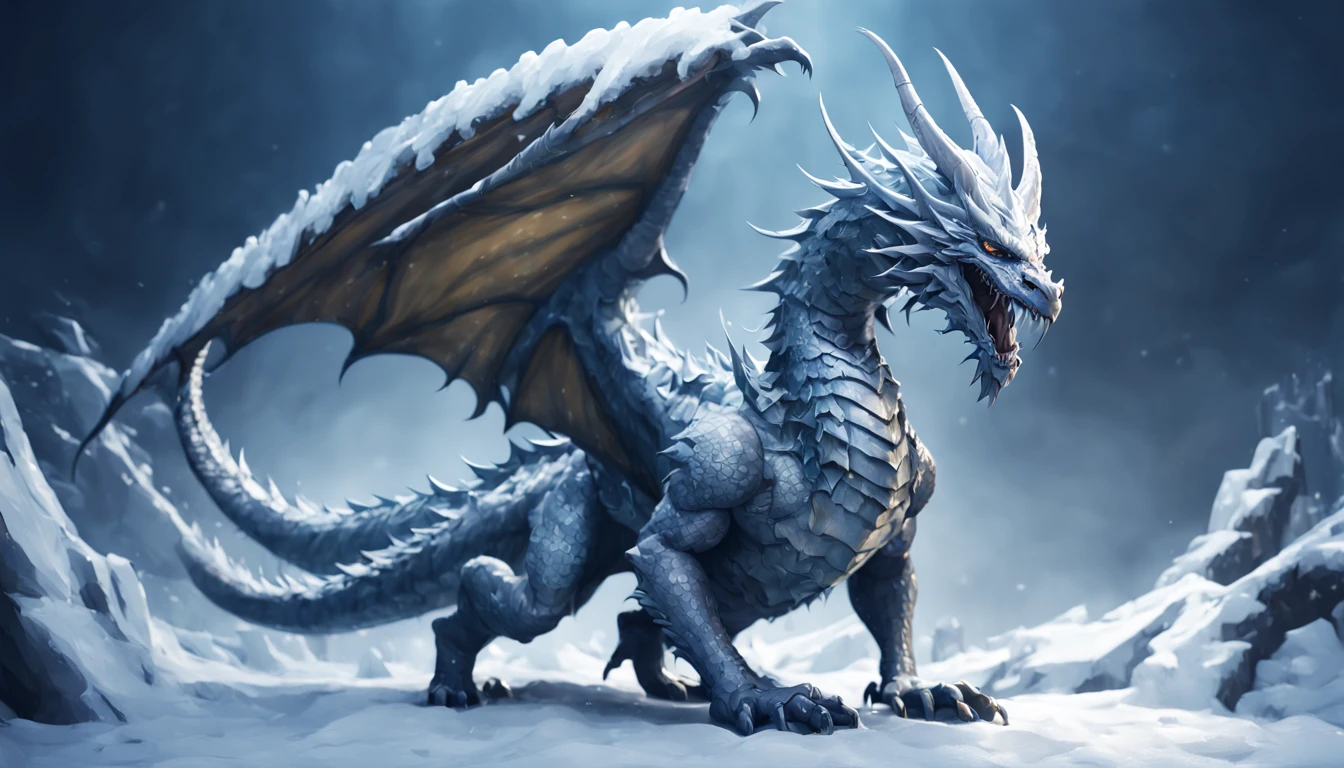 01_(Epic character) (Huge dragon). (Big dragon). Horizontal composition, with some offset from the center-wide format. (Large body, graceful shape). (Alien animal creature, in a fighting pose, decisive nature, menacingly scary). (Dragon, a fantastic fantasy image, a creature with white scales, created for battles, attacks, and intimidation). (Stands on strong paws, large - at full height). (The monster’s icy body consists of graceful forms shimmering in the light, it is ready to attack). (The body is covered with armor, metal armor). (Muzzle, frightening, with a grin, mouth gaping in a smile, eyes glowing with blue light. This is an epic character.
  02_The composition is located in a horizontal frame. Eliminate symmetry, the main mass is not placed clearly in the center - with a slight offset. Magic, fantasy, fighting stance, powerful form.
03_ Cold range of lighting, evening, snow storm, elements, gusty wind, slanting snow whirlwinds, dark blue, snowy background. Contrasting, clear lighting, warm magical light, clear cold shadows, contrasting image. Ice, snow, snow decor, intricate patterns, and ice ornaments on the body. The highest image quality, a masterpiece, computer graphics. Cinematic level of performance, animated film. SD quality, wide format, 8K. , Unreal engine.