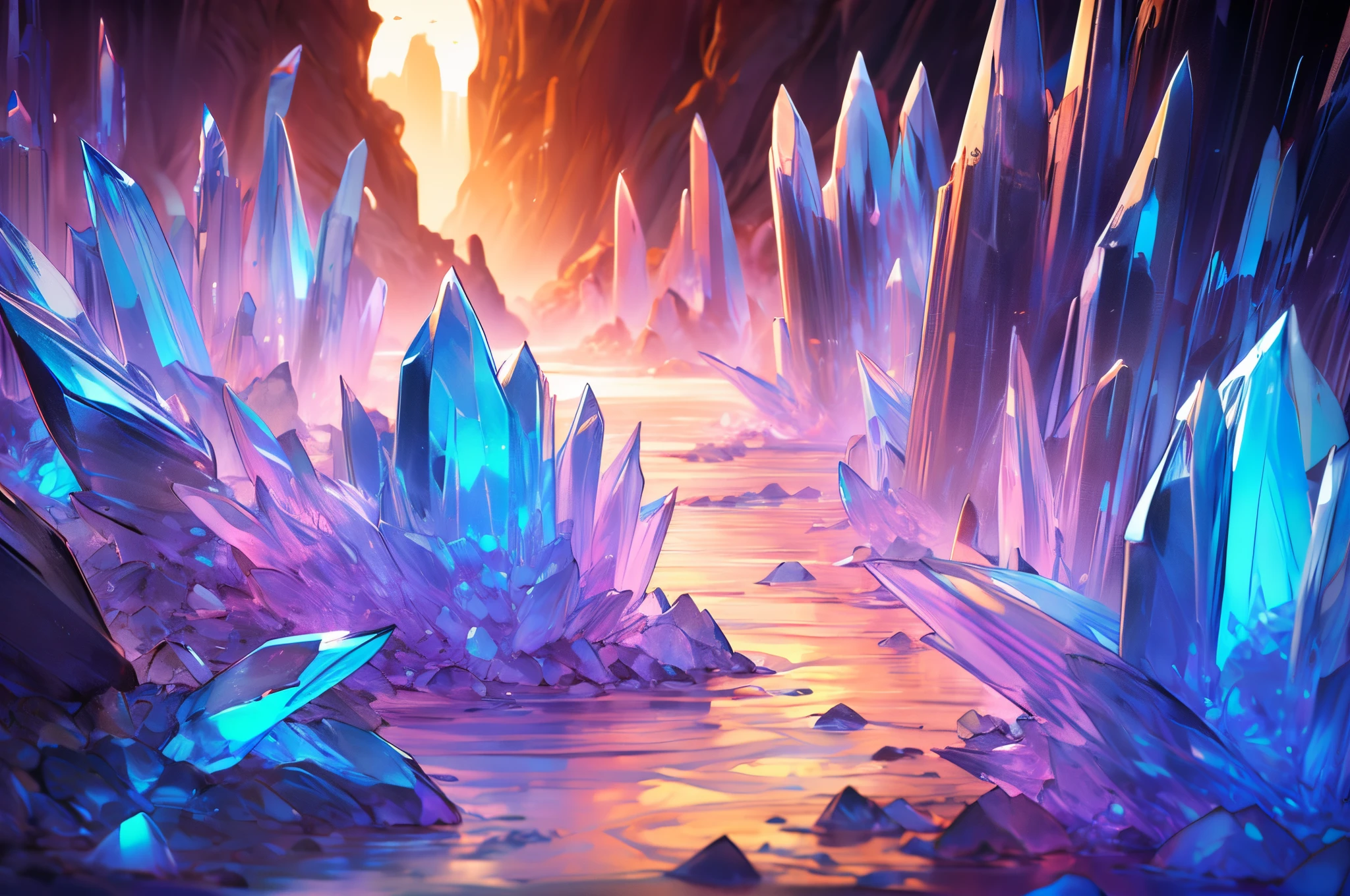 Environment, a dark cavern made of blue crystals, bioluminescence, light glinting off crystals, water drops, river, misty, humidity