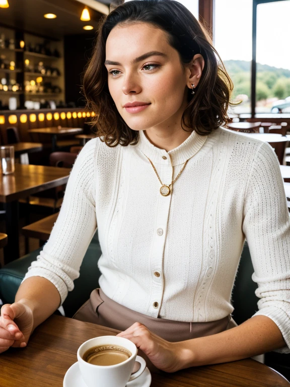 Daisyrdl,Eine Frau,(Vorderansicht:1),Pferdeschwanz,Blick auf den Betrachter,(in einem Café),Sonnenaufgang,Goldene Stunde,ernst,Extrem Detailliert,kompliziert,Meisterwerk,filmisch,(Filmkorn:1.2),bokeh,Volumetrische Beleuchtung,motion blur, (Felgenlicht:1.2), add_Detail:2, cum on face