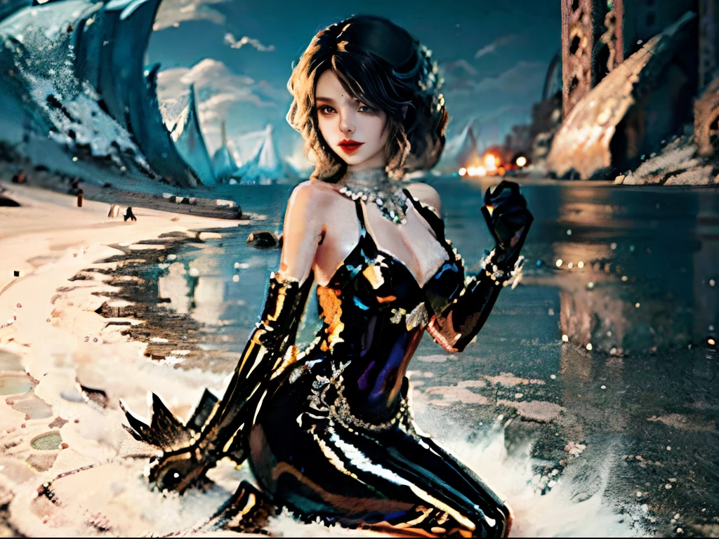 black-haired latex mermaid in long gloves
