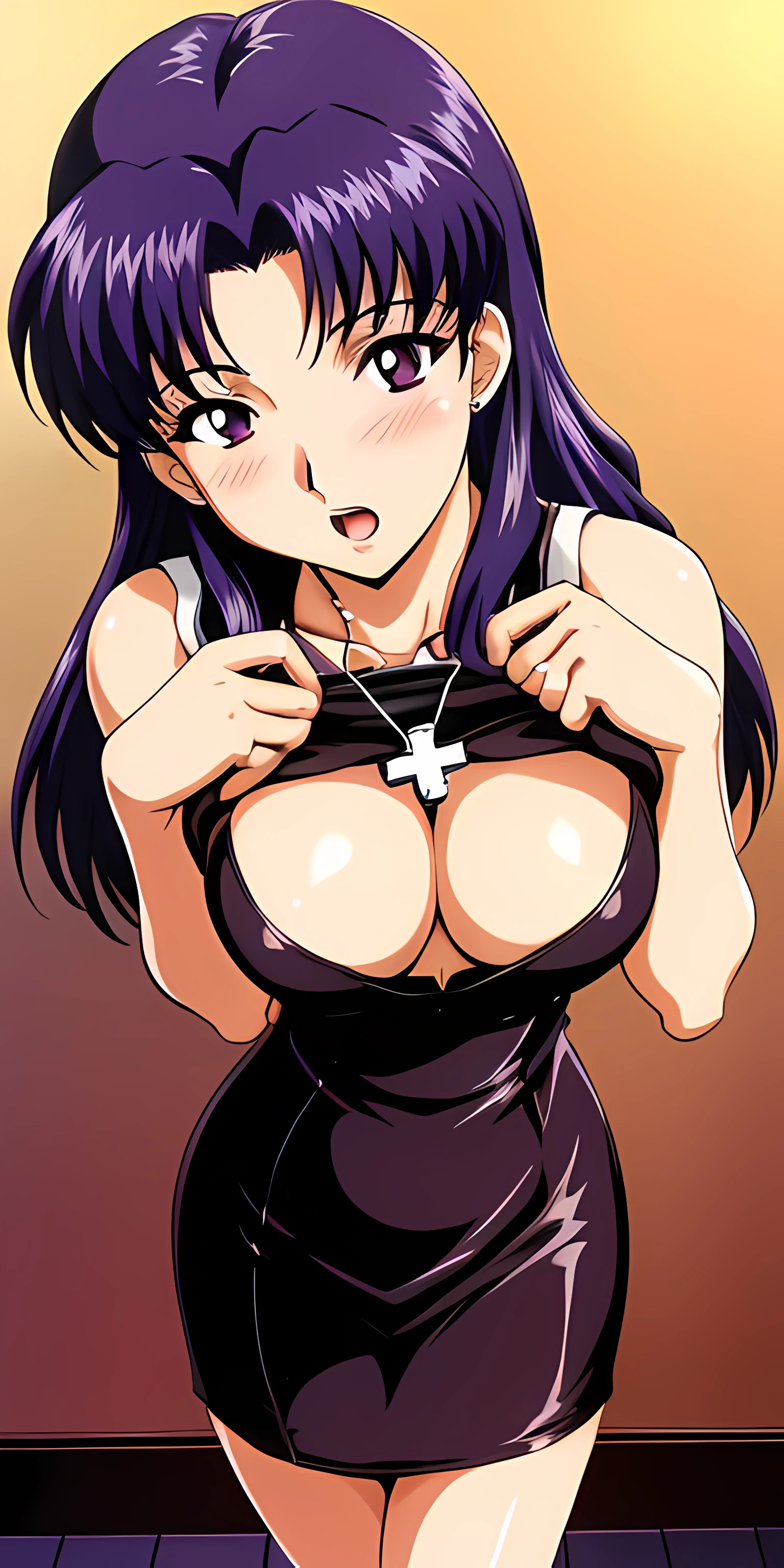 katsuragi_misato, medium_breasts, standing, solo, Misato_cross_necklace, black_pencil_dress_high_collar_sleeveless, masterpiece, best quality, detailed face, detailed eyes, highres, ((shirtlift)), open mouth, blushing, hallway background,