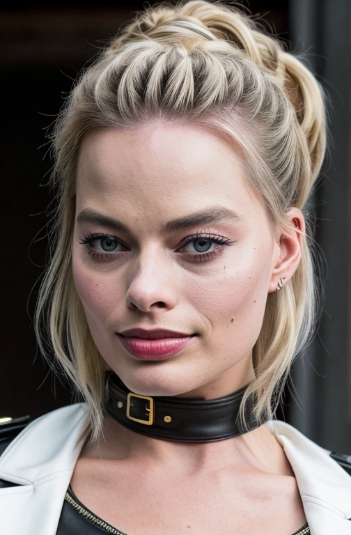 Margot Robbie: Harley Quinn, Durchgehender Lederschnitt, superréaliste, hyperrealistisch, detailliert, Filmplakat, Realistischer Skin, Fujifilm XT3, High-resolution image quality, Fotoshooting (Haut: 0,8, Mole: 0,05), (sehr detaillierter Skin), Margotrobbie beugt sich vor, von zwei, Leder, Arsch, ,