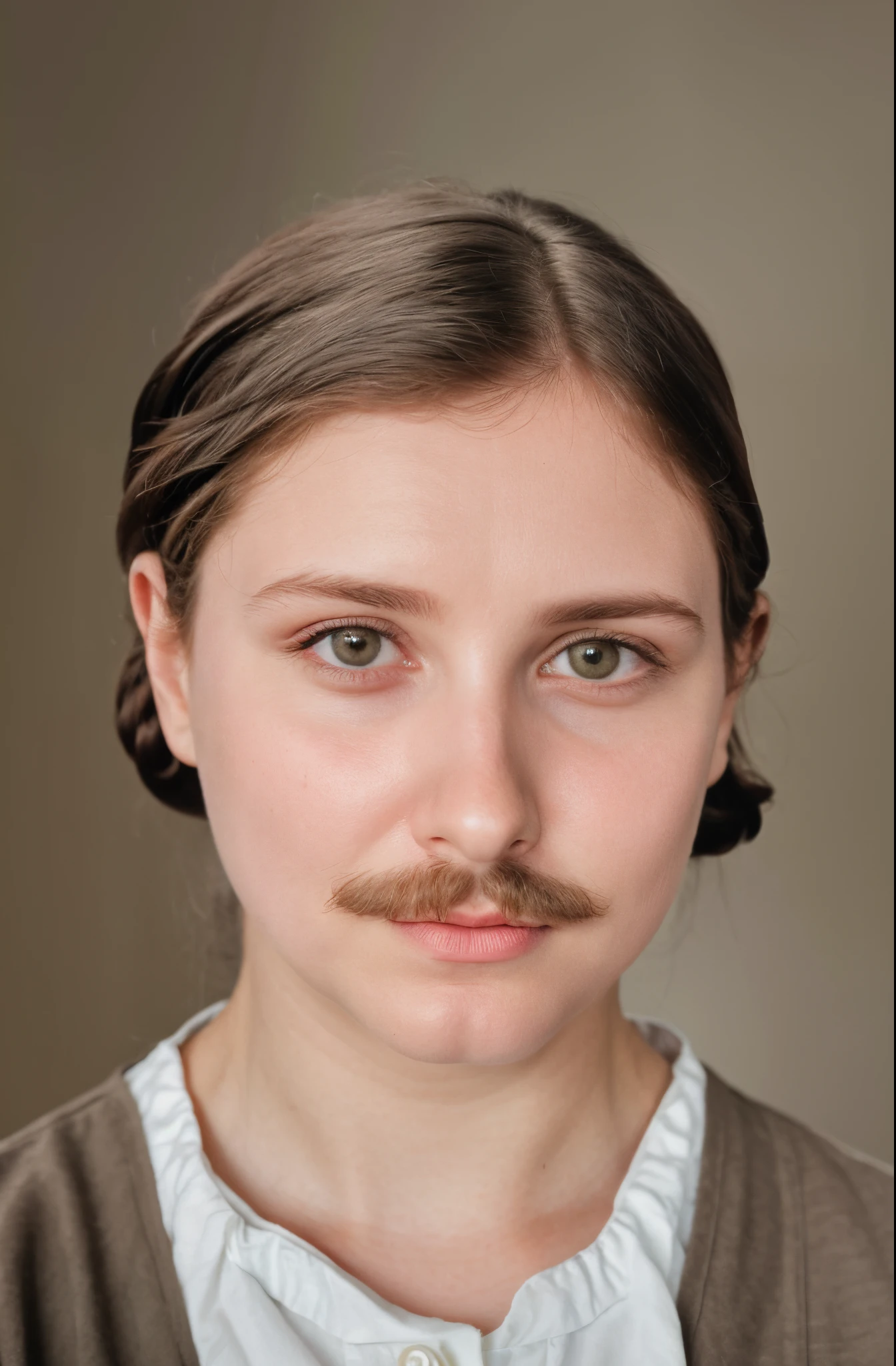 there  a woman with a mustache on her head, rosto restaurado realista, rosto realisticamente renderizado, Retrato do humanoide feminino, Vale estranho assustador, retrato vfx altamente detalhado de, Onze/Millie Bobbie Castanho, retrato humanoide, rosto humano real, rosto humano realista, Retrato VFX altamente detalhado, full - rosto close - retrato para cima, rosto feminino jovem, retrato de rosto completo