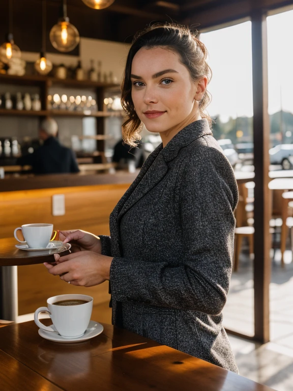 Daisyrdl,Eine Frau,(Vorderansicht:1),Pferdeschwanz,Blick auf den Betrachter,(in einem Café),Sonnenaufgang,Goldene Stunde,ernst,Extrem Detailliert,kompliziert,Meisterwerk,filmisch,(Filmkorn:1.2),bokeh,Volumetrische Beleuchtung,motion blur, (Felgenlicht:1.2), add_Detail:2, cum on face