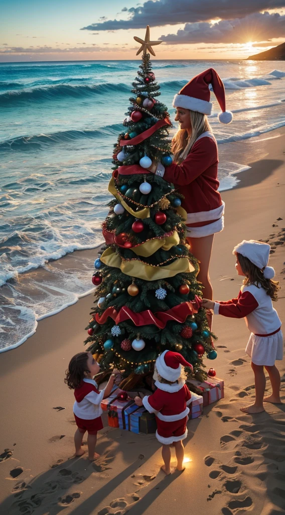 Create a vibrant image of an Australian family on a sandy beach. The sun is setting, and the family is gathered around a beautifully decorated Christmas tree made of driftwood. They wear Santa hats and beach attire, with the ocean waves in the background.