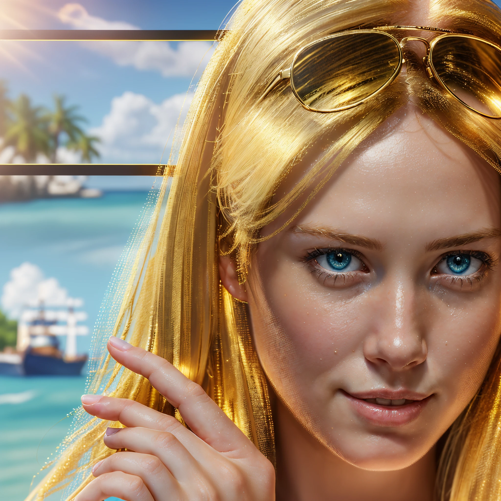 (best quality,4k,8k,highres,masterpiece:1.2),ultra-detailed,(realistic,photorealistic,photo-realistic:1.37),portrait of a young cute girl,blonde hair,blue eyes,golden sunglass on head