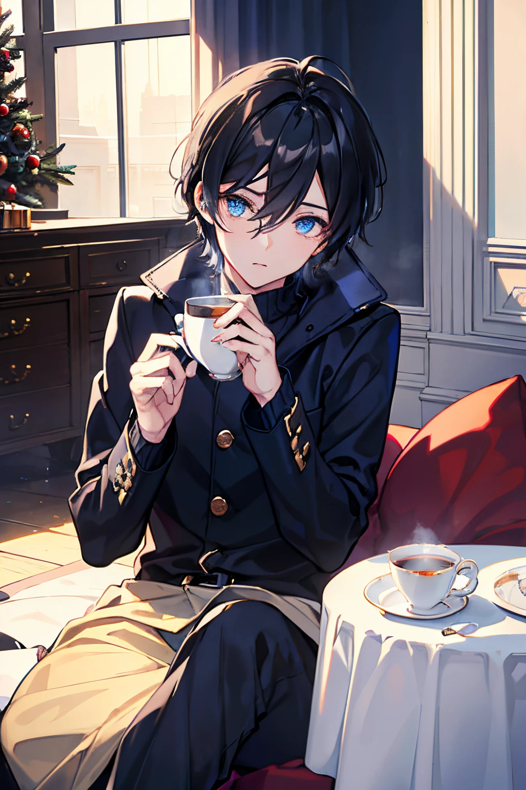 male people A dark-haired blue eyess coat sweater lux slacks long boots Christmas cake and tea masterpiece Top image quality denoise Clear cinematic shadow Increased attractiveness of the eyes Clear the shine of the eyes Draw eyelashes neatly Perfect Eye A detailed eye Sharpen image quality Sharpen eye writing Clear eye shape