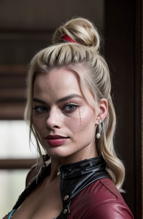 Margot Robbie: Harley Quinn, Durchgehender Lederschnitt, superréaliste, hyperrealistisch, detailliert, Filmplakat, Realistischer Skin, Fujifilm XT3, High-resolution image quality, Fotoshooting (Haut: 0,8, Mole: 0,05), (sehr detaillierter Skin), Margotrobbie beugt sich vor, von zwei, Leder, Arsch, cum on face, cum dripping, seductive