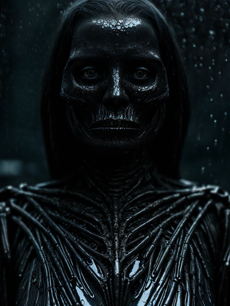 (Portrait shot, ultra-detailed, best quality, photorealistic:1.8, 8k, realistic, photography, melted bodies and skeletons, exomorph, oiled skin, dark mood, dark background, petrol colours, vibrant colours, 35mm, emerging from black oil, high contrast, rain, liquid reflections, shiny reflections, in the style of HR Giger