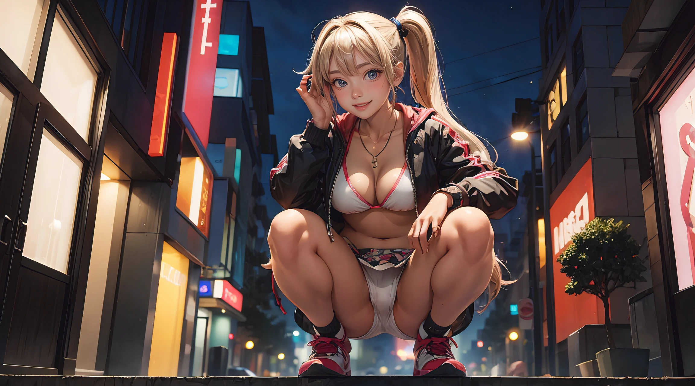 (masterpiece, best quality), (from below), 1 girl, perfect body, big breasts, woman, ganguro, bikini top, jacket, miniskirt, panties, necklace, bracelets, side ponytail, squatting pose, city streets, harajuku, late evening