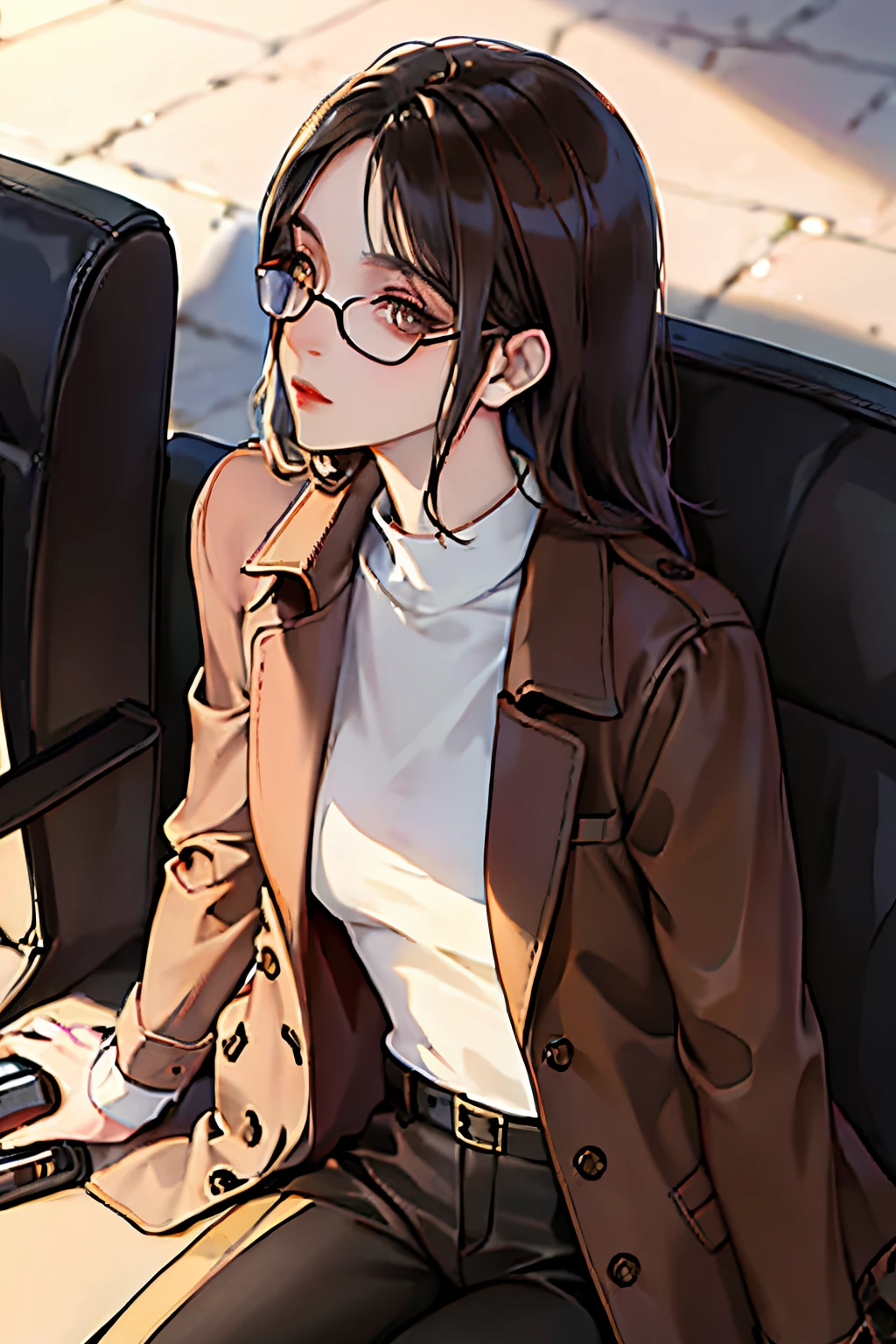 Women wearing brown coat and elegant shirt, leather pants, glasses, model magazine wrap, dark hair, sitting, looking up to camera, seductive gaze