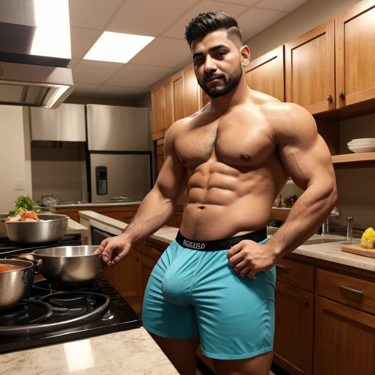 Chef cocinando, guapo, latino, en boxers, with a very large and long bulge in the crotch, se tiene que ver la cara.