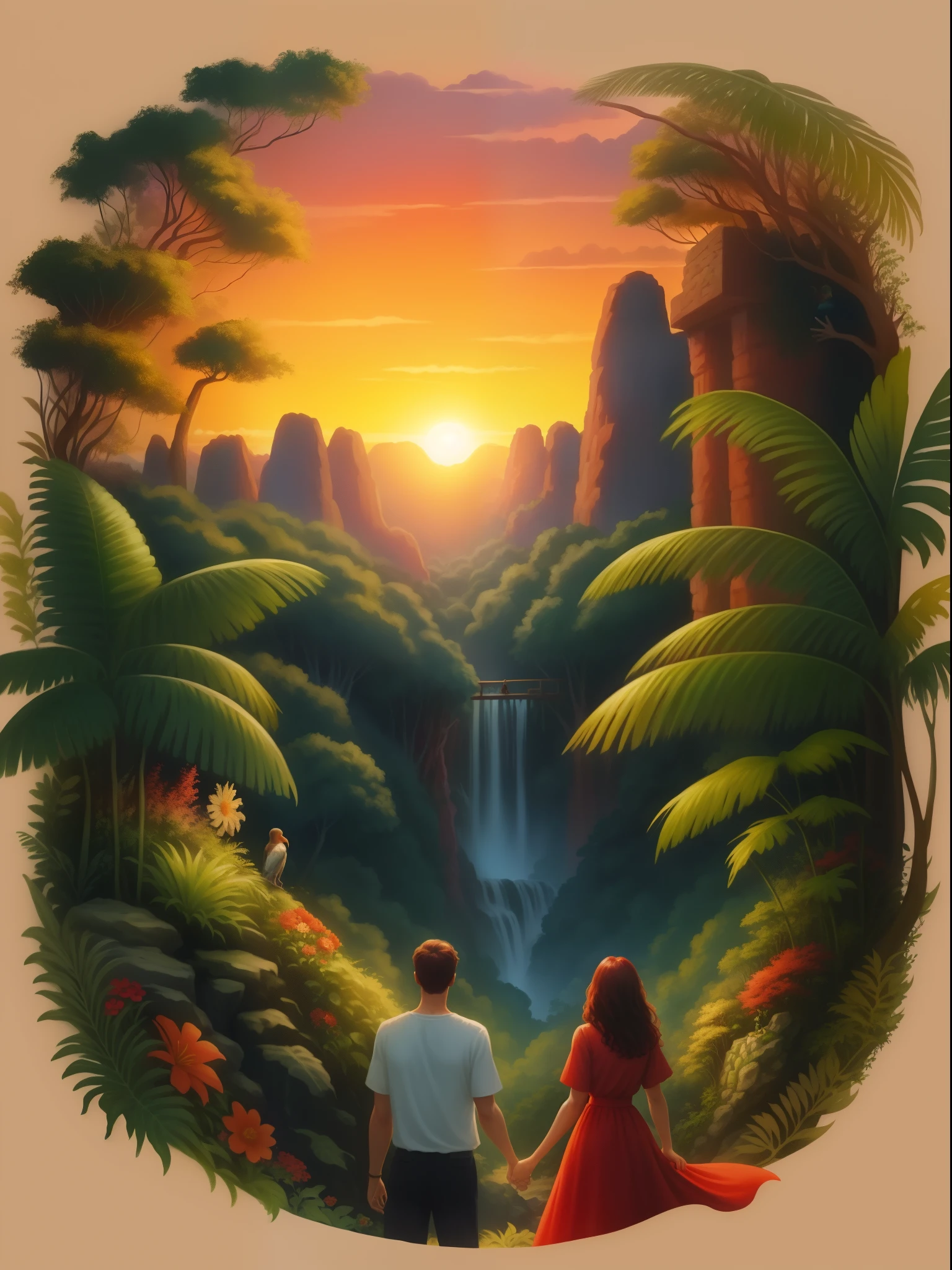 prehistoric forest jungle with flowers and plants and animals, with a couple looking out, man and woman holding hands, same height, woman in long red dress, man in olive shorts and white shirt, sunset landscape, birds in sky, flowers, small waterfall, T-shirt design, vector art,