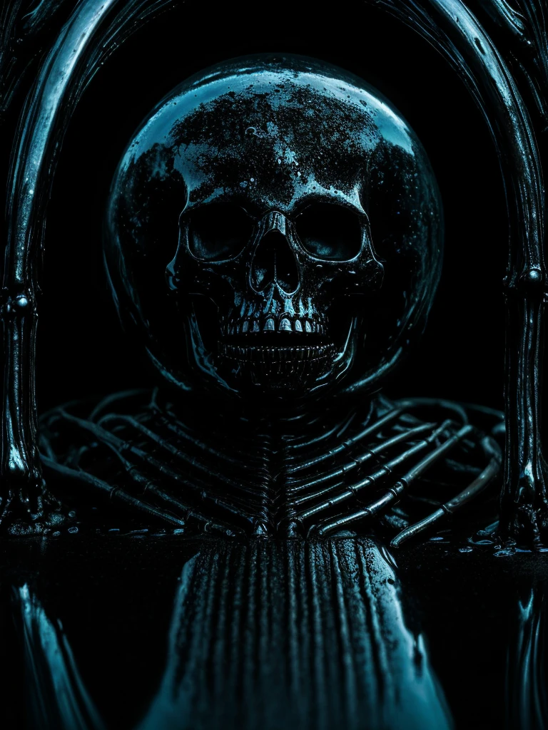 (photo shot, ultra-detailed, best quality, photorealistic:1.8, 8k, realistic, photography, melted bodies and skeletons, exomorph, oiled skin, dark mood, obscene mood, necronomicon, dark background, petrol colours, vibrant colours, 35mm, emerging from black oil, high contrast, rain, liquid reflections, shiny reflections, in the style of HR Giger