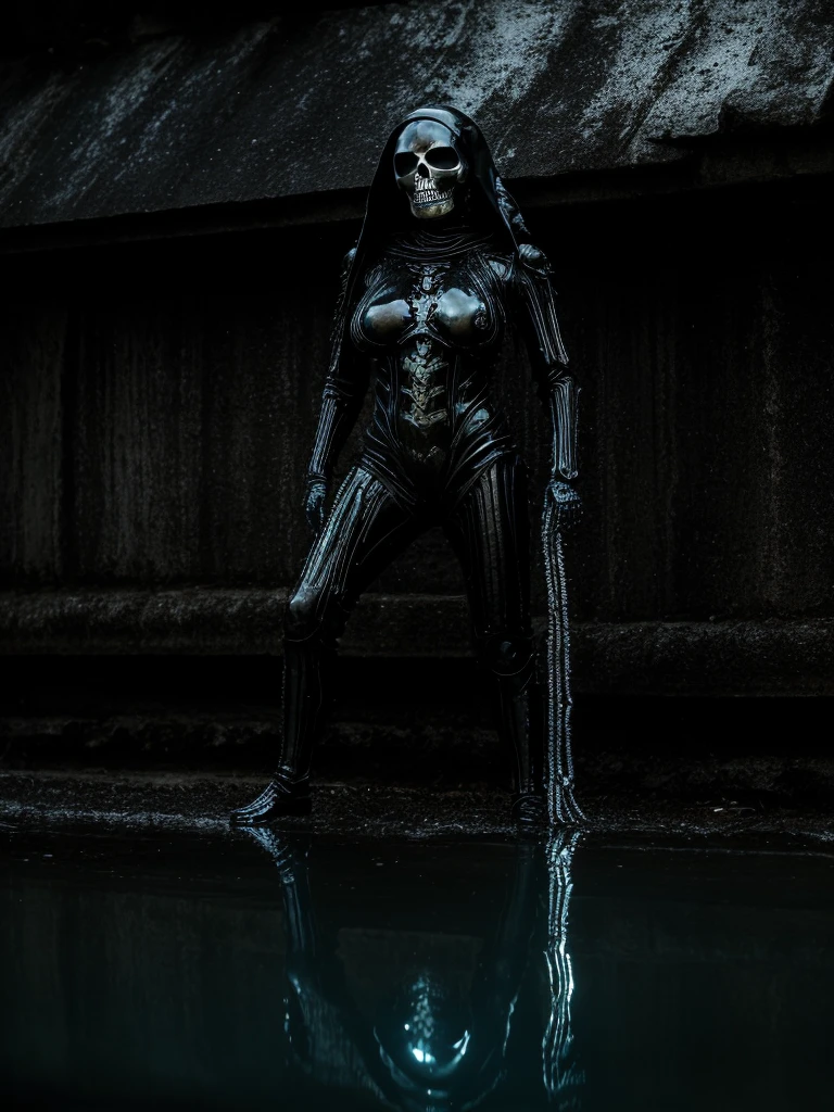 (photo shot, ultra-detailed, best quality, photorealistic:1.8, 8k, realistic, photography, melted bodies and skeletons, exomorph, oiled skin, dark mood, obscene mood, necronomicon, dark background, petrol colours, vibrant colours, 35mm, emerging from black oil, high contrast, rain, liquid reflections, shiny reflections, in the style of HR Giger