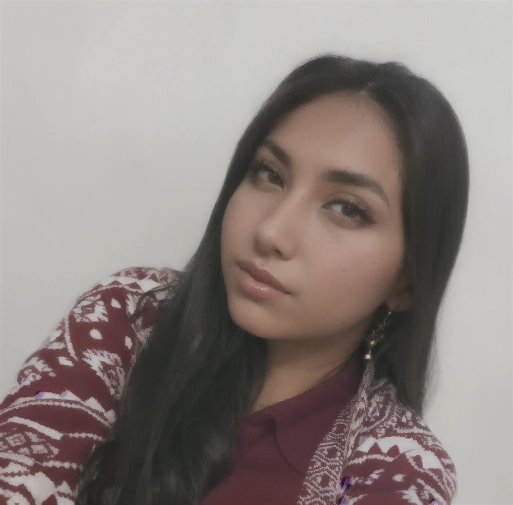 photograph of a 28 year old woman, Cara perfecta morena, Pieza maestra, con sueter rojo con lineas blancas y blusa roja, con cabello largo y ojos negros.