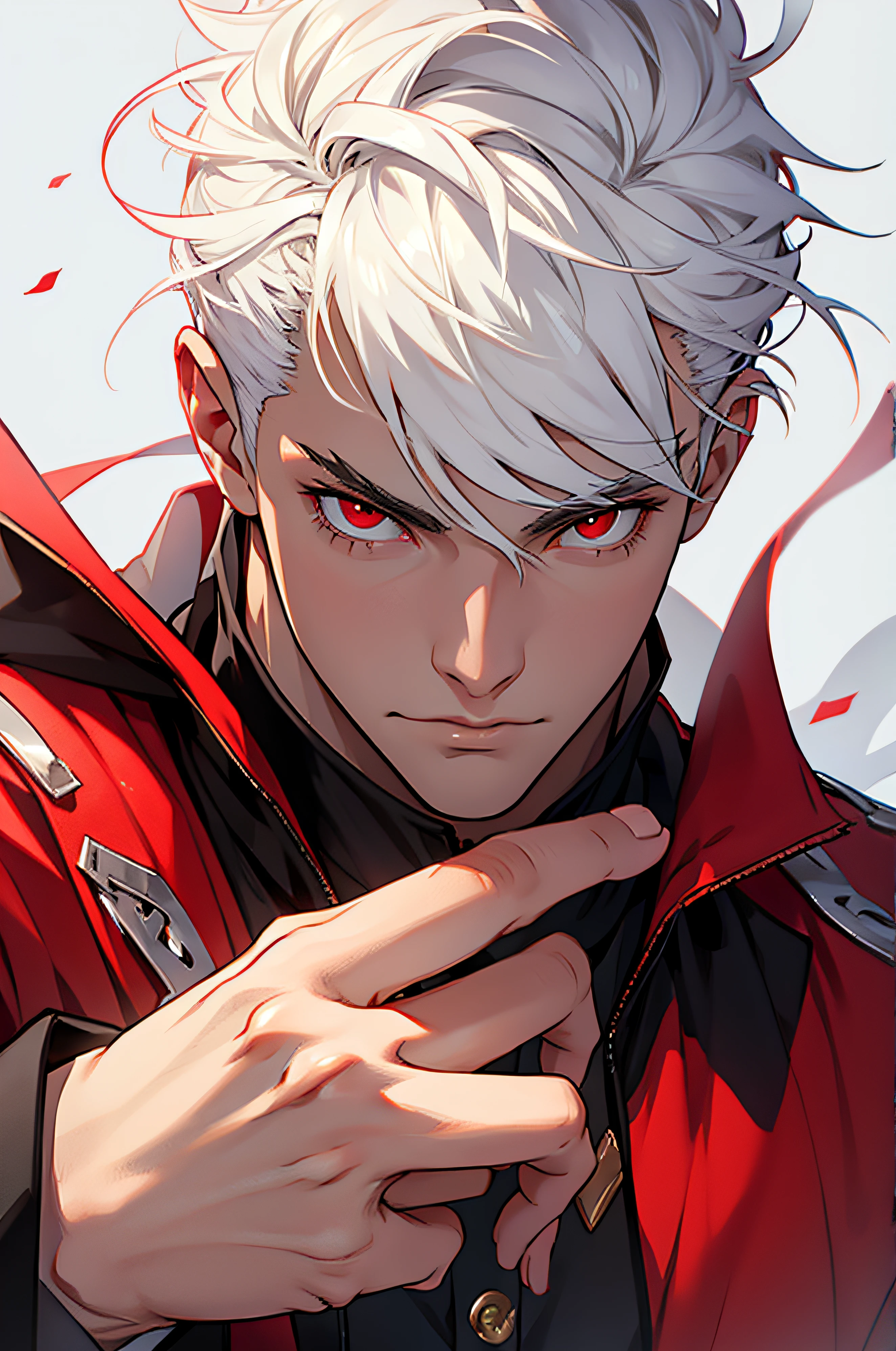 make a mix of deadpool and satoru gojo from jujutsu kaisen, in anime or manga style, that is with uncovered face, that the suit is only from the neck down, is a man, and her white hair reminds