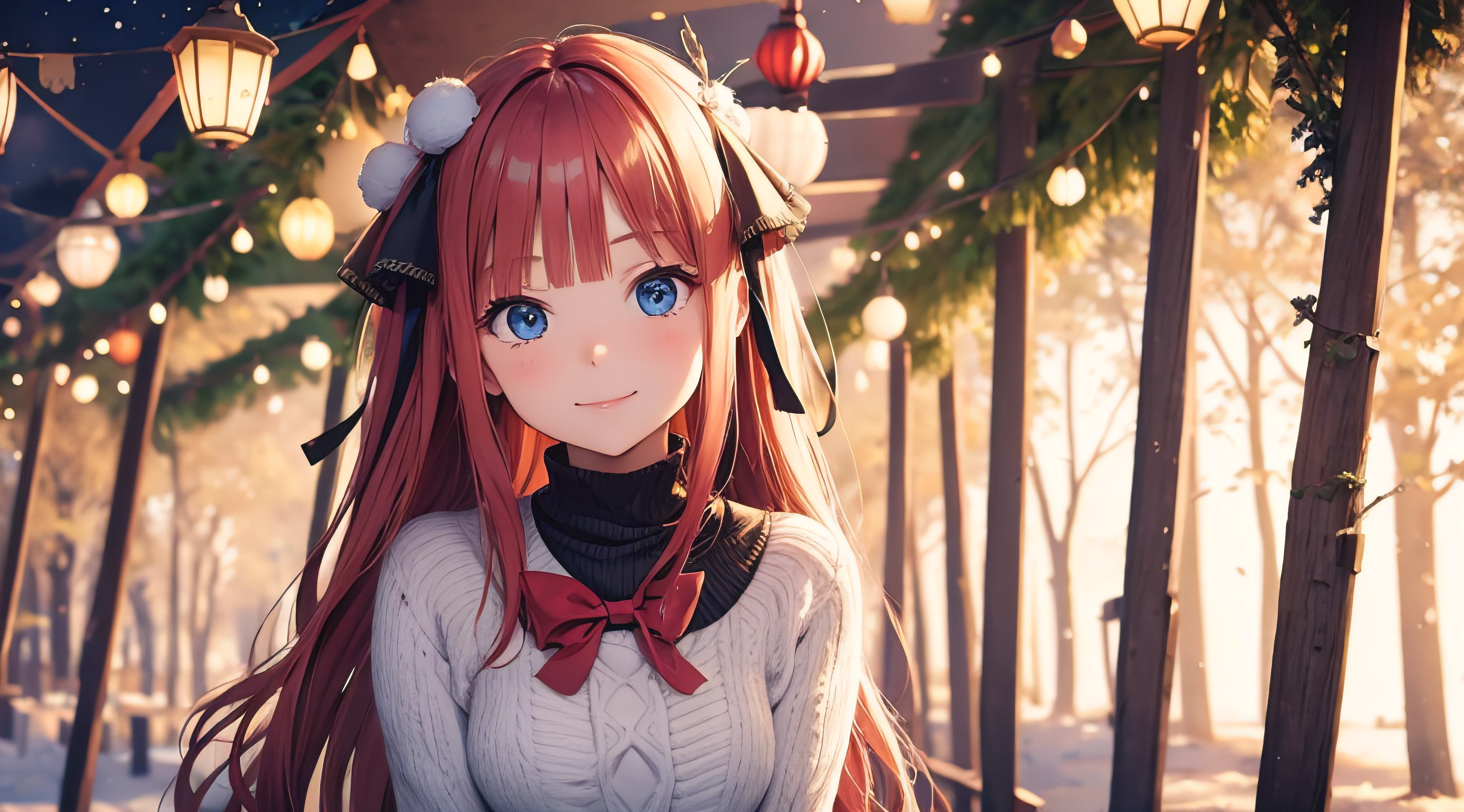 Nino Nakano sonriendo,orejas largas,sexy,Christmas Dress,bosque nevado,arbol de navidad