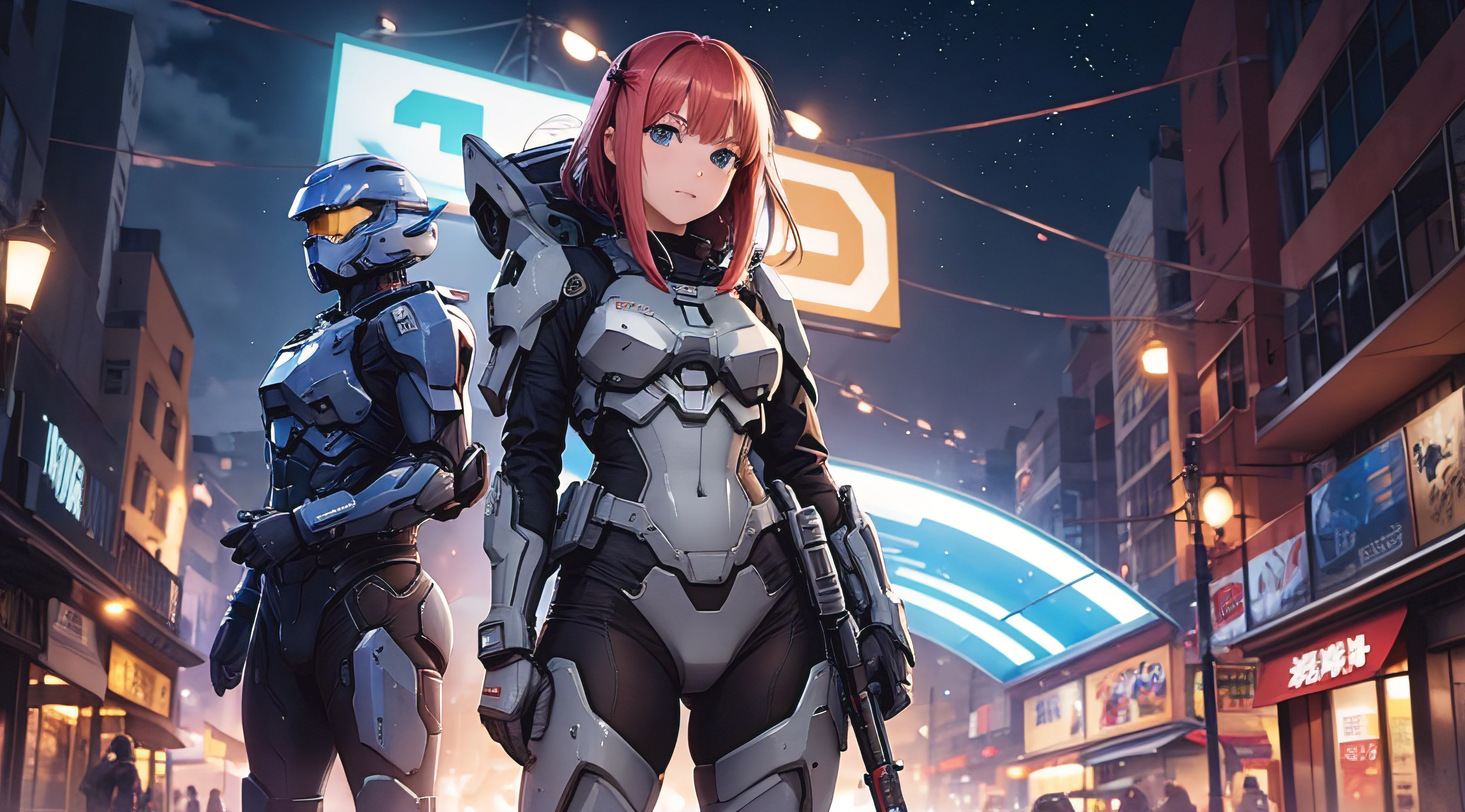 Nino Nakano,armadura de halo infinite,ciudad noche,luz