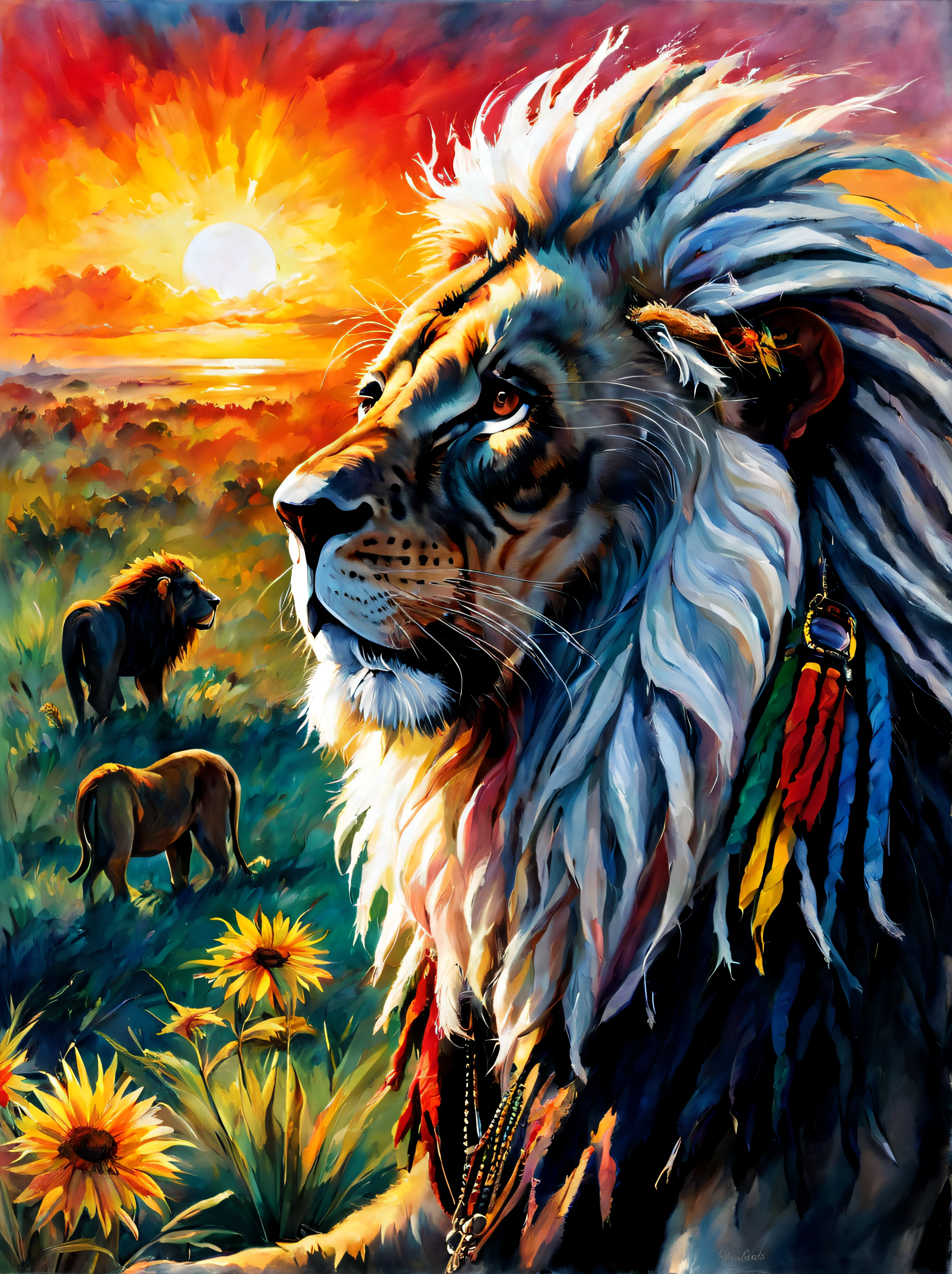 Old black Rastafarian with white dreadlocks and with a lion enjoying the sunrise, colorful summer outfit stands out, Energetic and lively scene.
Estilo de Gabriele Dell'Otto, Meio da jornada de IA, saturated cores, Aquarela, oil paints, HDR, 500px, 4k,