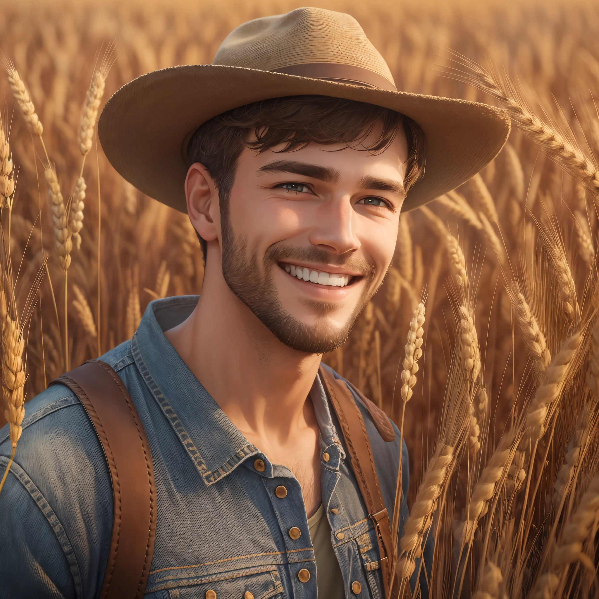 25-year old man, caucasian, short brown hair, grinning, wearing jeans and t-shirt, wearing old farmer's hat, farmer, muscular, in field of wheat, extremely detailed CG unity 8k wallpaper, intricate details, portrait, solo, detailed background, bokeh, raytracing, realistic textured skin, particle effects, depth of field