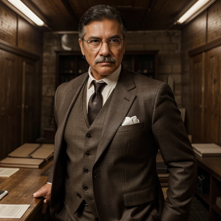( best quality, realistic:1.37, highres:1.2, ultra-detailed, portraits ), 63-year-old latino man, dark brown suit,dark Brown jacket, dark brown waistcoat, black tie, white cropped hair combed back, white mustache, round-framed prescription glasses, posing in old room.