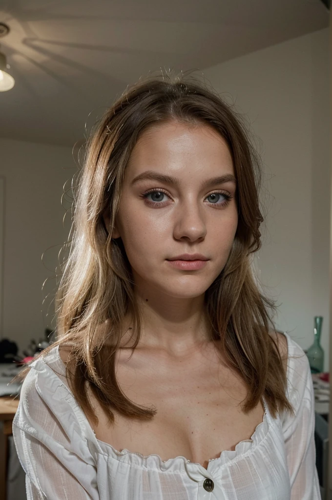 ((best quality)), ((Meisterwerk)), (Detailliert), Perfektes Gesicht, 1.1, Hochdetaillierte Gesichts- und Hautstruktur, Detaillierte Augen, Anna Björn a 21 year old blonde swedish girl, selfies in her room, modest clothing, cute makeup