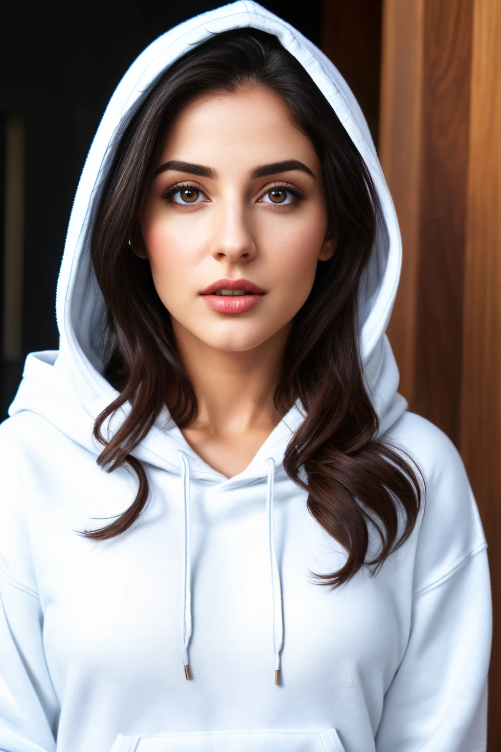 Hyperrealism, Full body, Iranian, cute face, Super Fine Face, girl, nice lips, pretty face, 30 years old, pretty eyes, hot, brown hair, fittness, blue jeans, red hoodie. dark eyes, white skin, luxury.