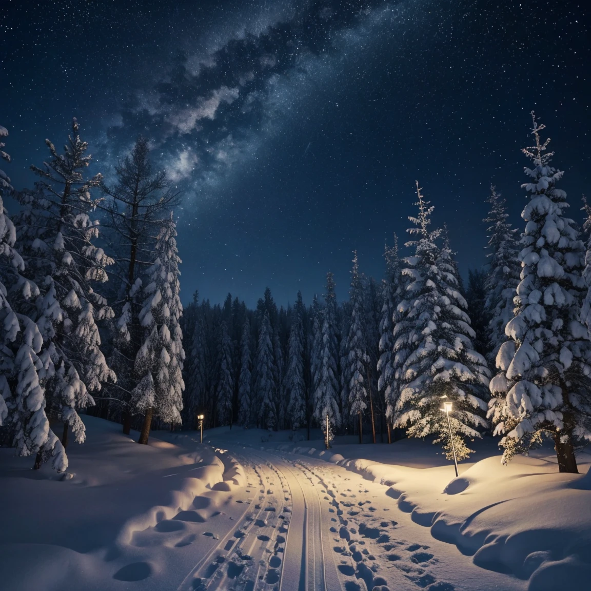 Small path in snow and stars in the sky with a magic touch to it