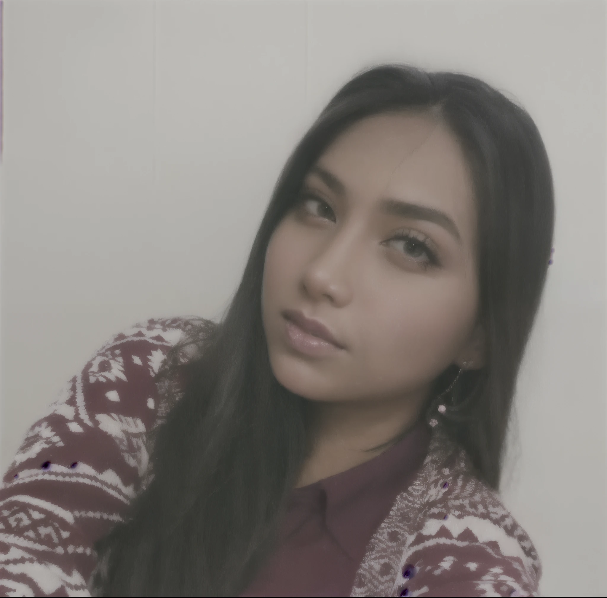 photograph of a 28 year old woman, Cara perfecta morena, Pieza maestra, con sueter rojo con lineas blancas y blusa roja, con cabello largo y ojos negros.